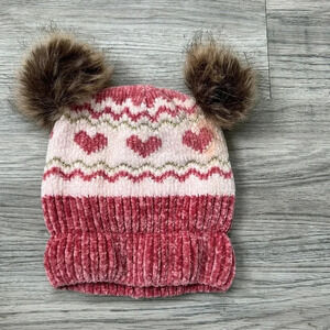 Tobys Pink and White Winter Hat with Brown "Ears"